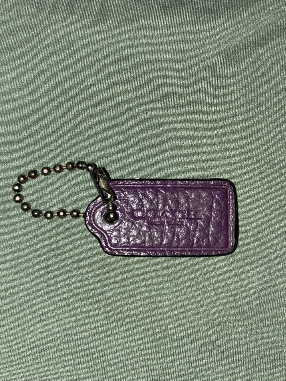 Coach Purple Pebbled Leather Key Tag with Bead Chain